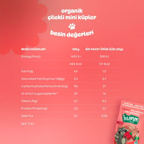 Humm OrganicOrganik Glutensiz Vegan Çilekli Mini Küpler - 30g